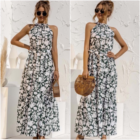 Floral Print Belted Halter Maxi Dress - Picture 2 of 3